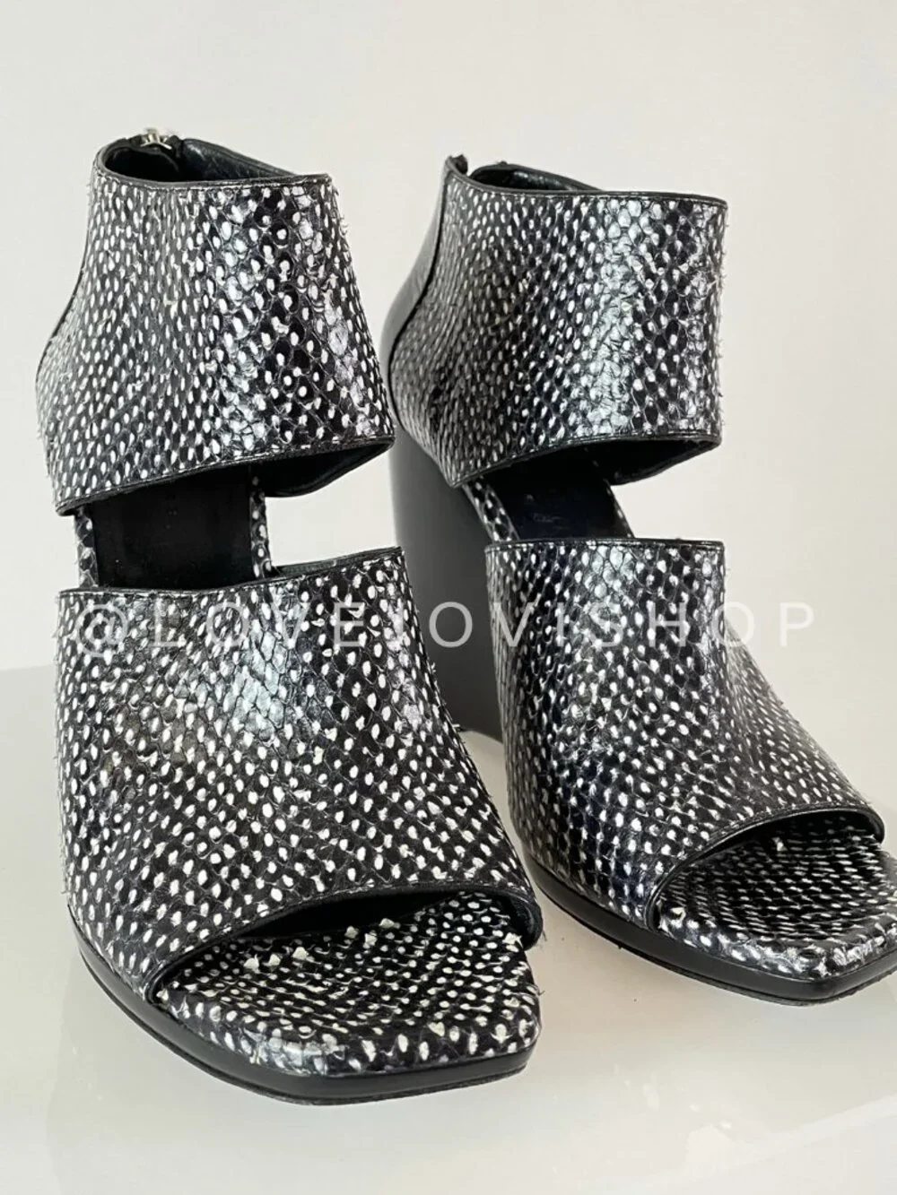 Runway | Balenciaga Snakeskin Black White Peep Toe Wedge Sandal Heel | Luxury 10